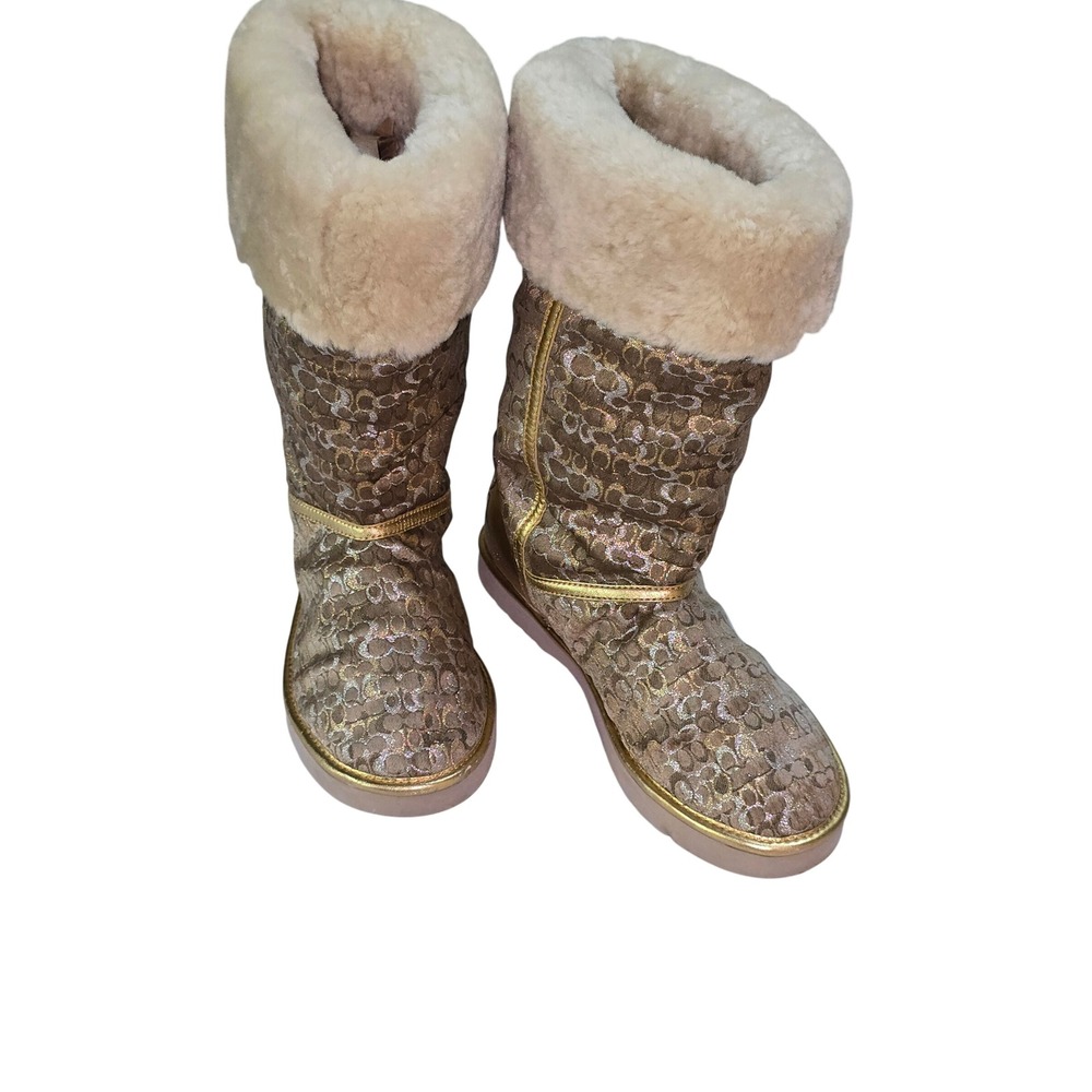 Coach Nikole A7265 Gold Metallic Signature Monogram Faux Fur Winter Boots 8B